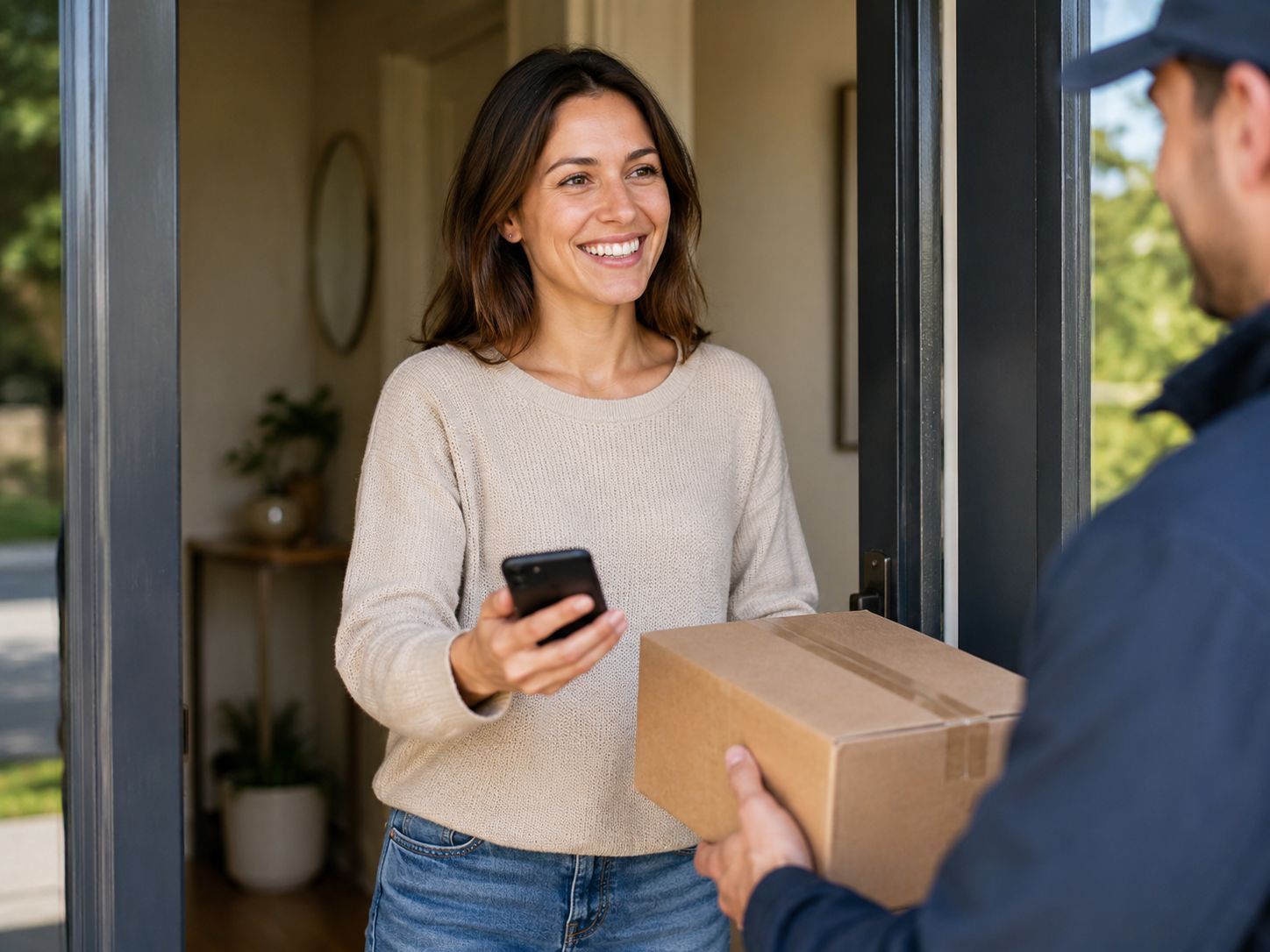 Frau erhält Paket von Postbote